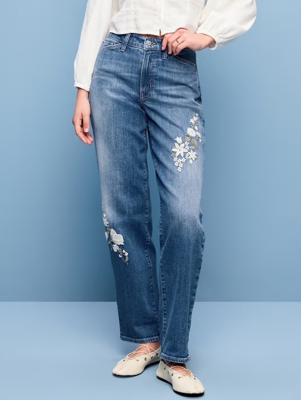 Old Navy High-Waisted OG Loose Jeans Sz 6 Straight Leg Embroidered Blue Women's
